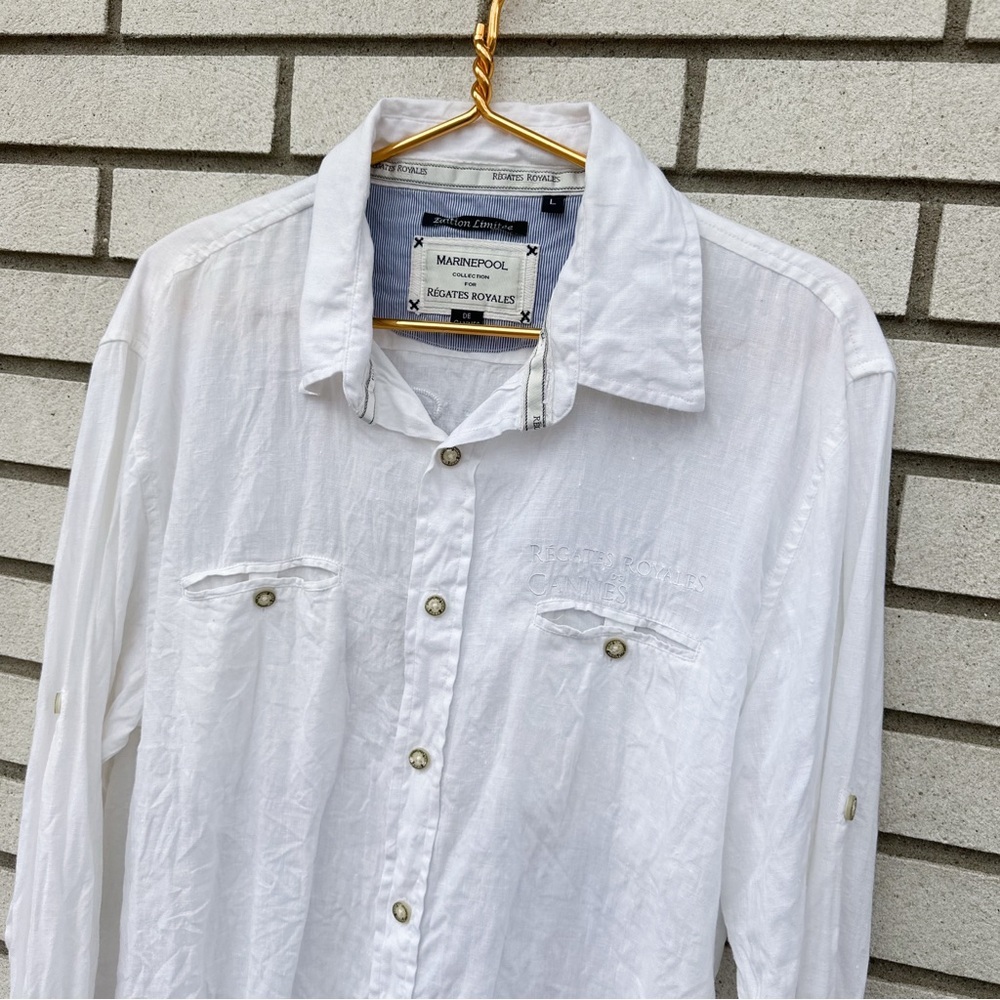 Marinepool Cannes Regatta 100% Linen Yacht Club Shirt L White Coastal Preppy - Picture 2 of 12